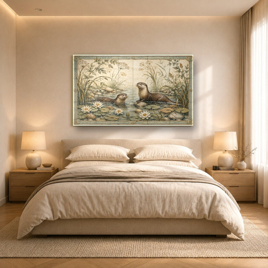 Large wild life glass art featured prominently in a sophisticated hotel lobby interior