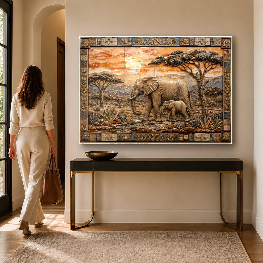 Wildlife tempered glass print of elephants displayed in a sophisticated master bedroom