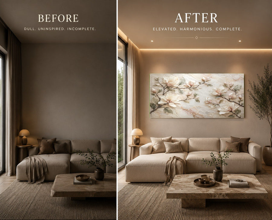Magnolia Marble Glass Wall Art displayed in a serene minimalist bedroom setup