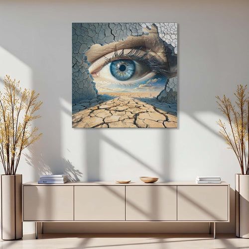 Artistic depiction of a cracked earth landscape with a blue eye peering through.