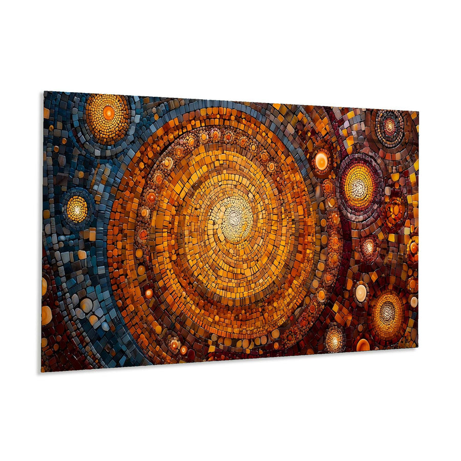 Circular mosaic art piece with concentric circles in warm colors on a white background