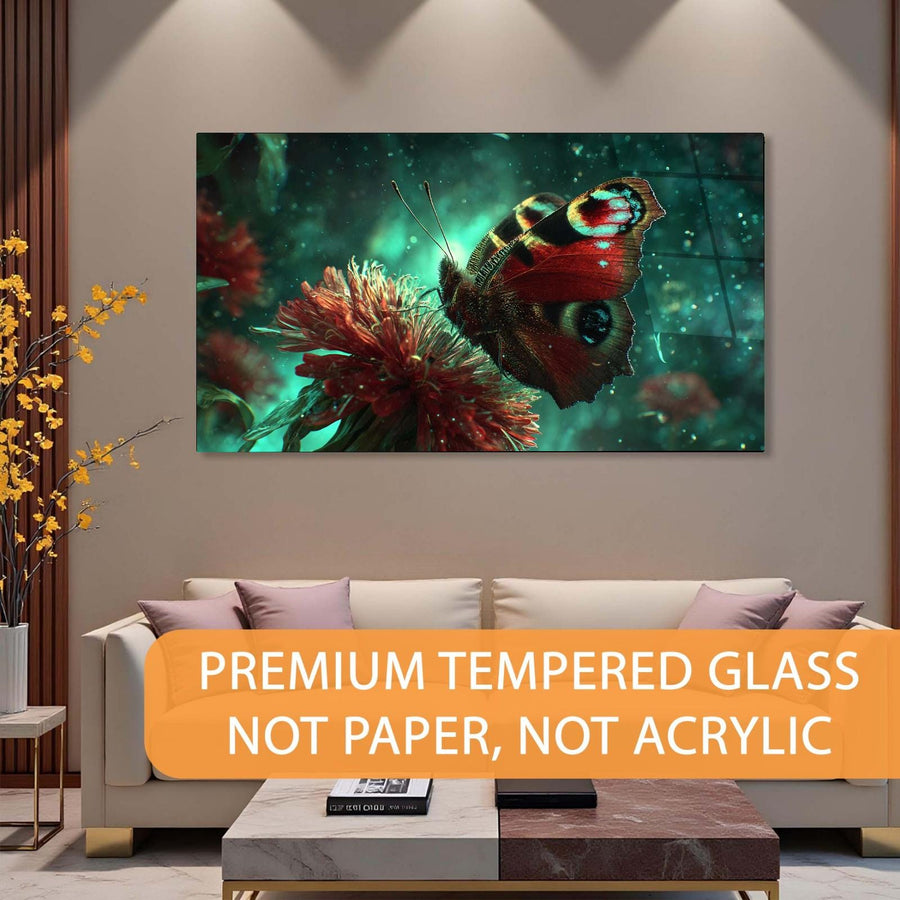 Living room with a large wall art of a butterfly on a flower, featuring premium tempered glass.