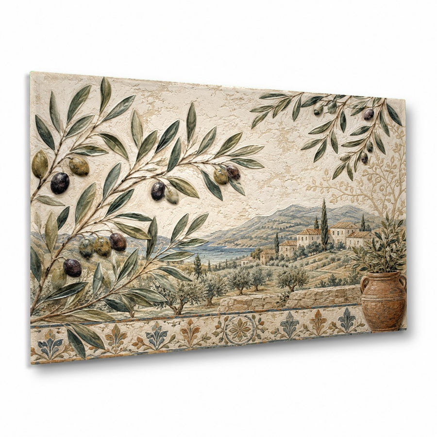 Olive glass wall art hanging in a bright modern living room above a beige sofa