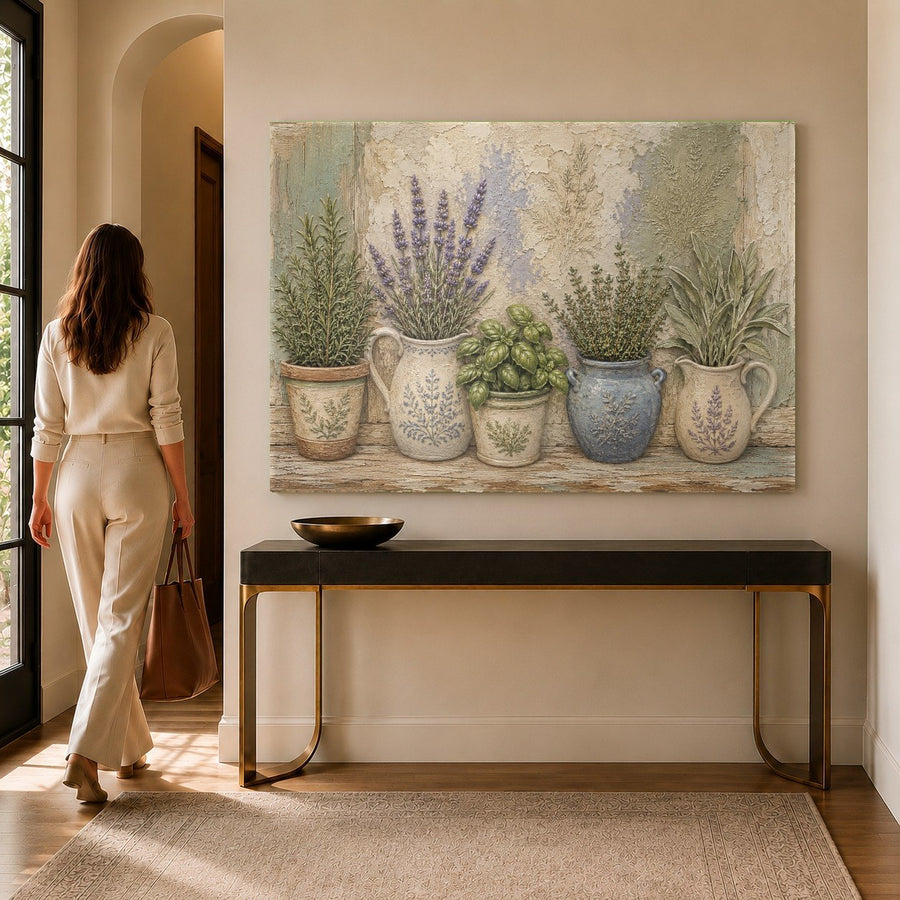 Botanical tempered glass print featuring colorful pot flowers in a bright kitchen