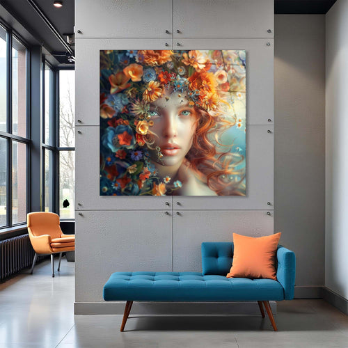 Artistic depiction of a woman's face with flowers and decorative elements on a white background