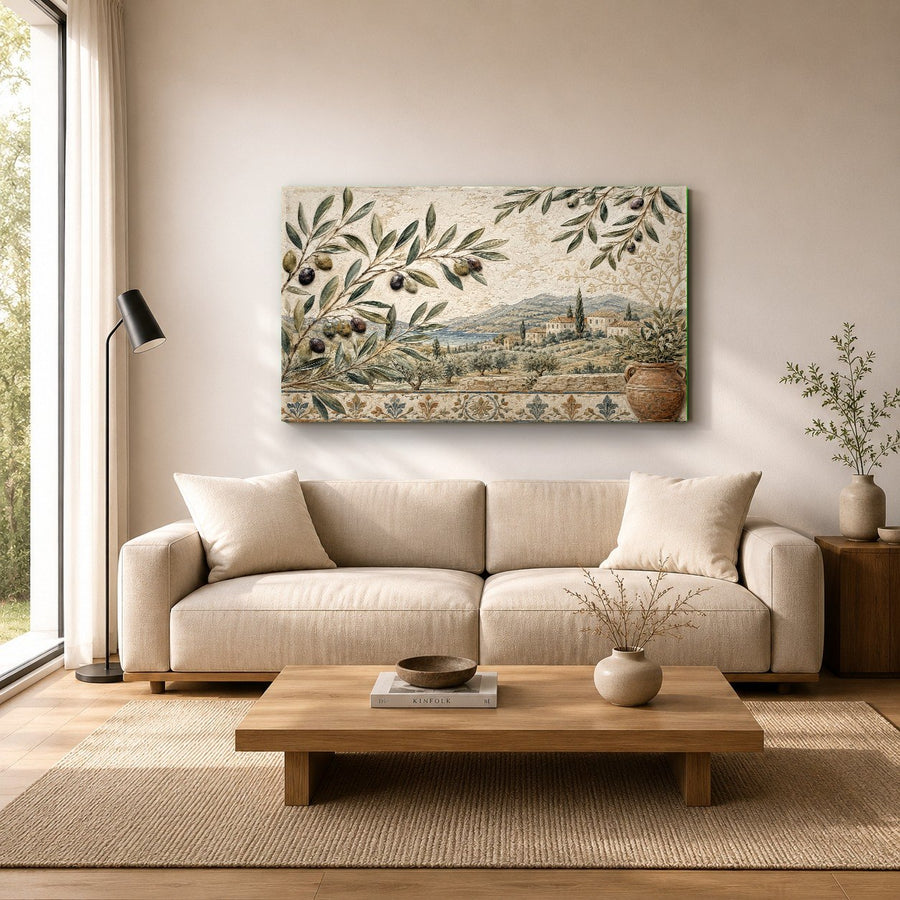 Mediterranean olive branch glass art displayed in a cozy reading corner bedroom
