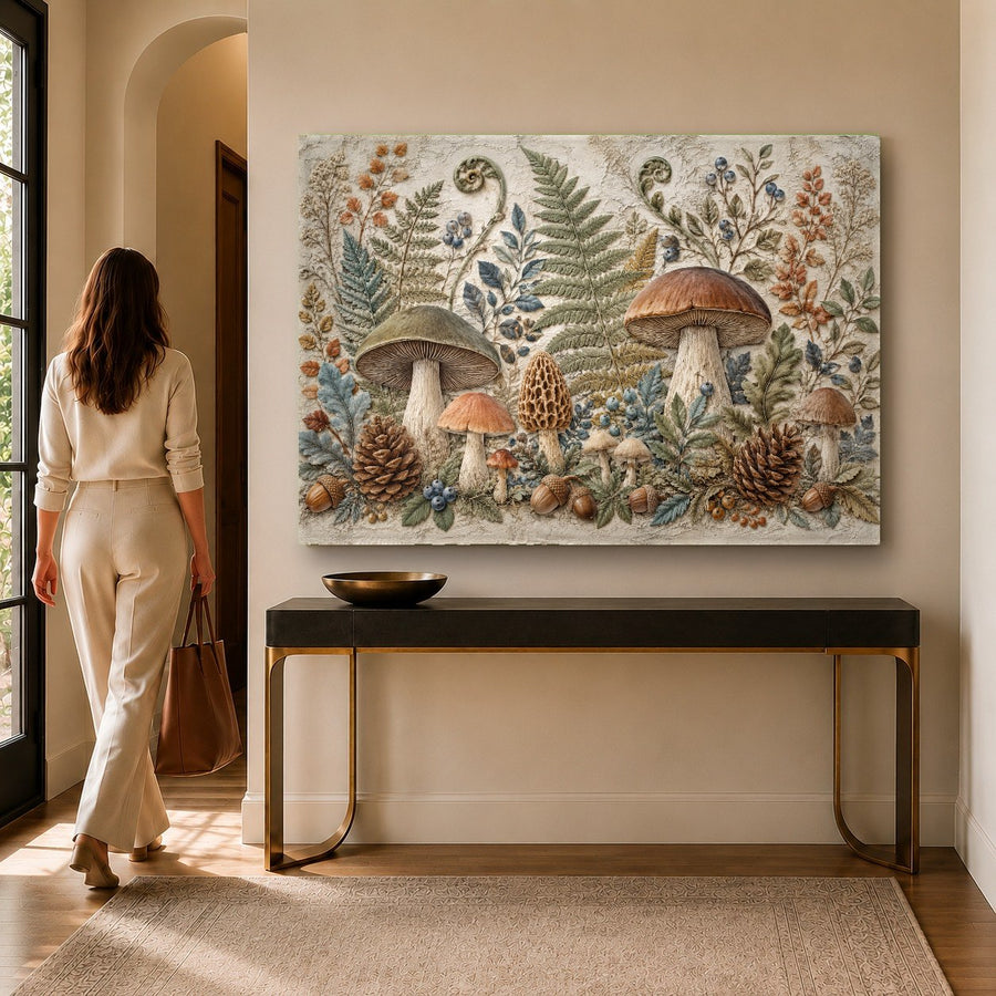 A botanical-themed bedroom featuring a mystic mushroom tempered glass print mounted above a wooden headboard.
