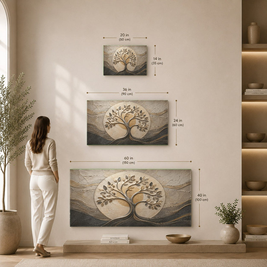 Angled shot of a tree and leaves glass wall hanging in a contemporary dining room with natural wood accents.