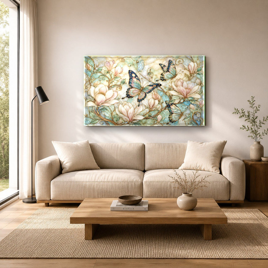 Stunning nature-themed glass wall art displayed in a high-end hotel suite hallway under warm recessed lighting.