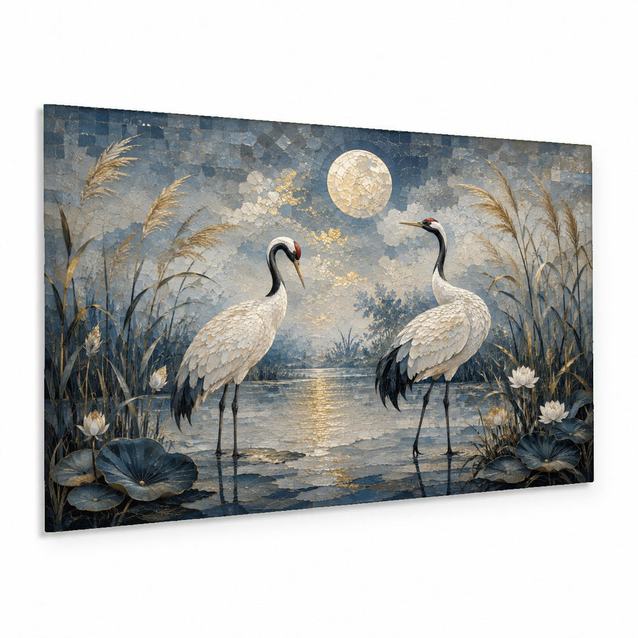 Elegant Moon Cranes glass wall art hanging in a minimalist living room above a beige fabric sofa.