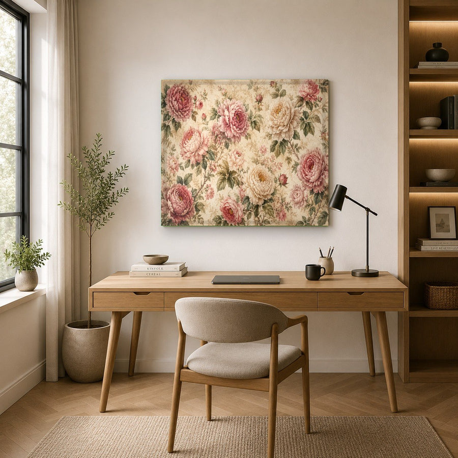 Minimalist dining room styled with a large rose glass wall print on a dark accent wall.