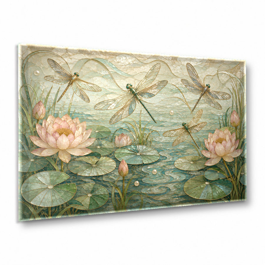 Golden Dragonfly Glass Wall Art hanging above a green velvet sofa in a modern, sunlit living room.