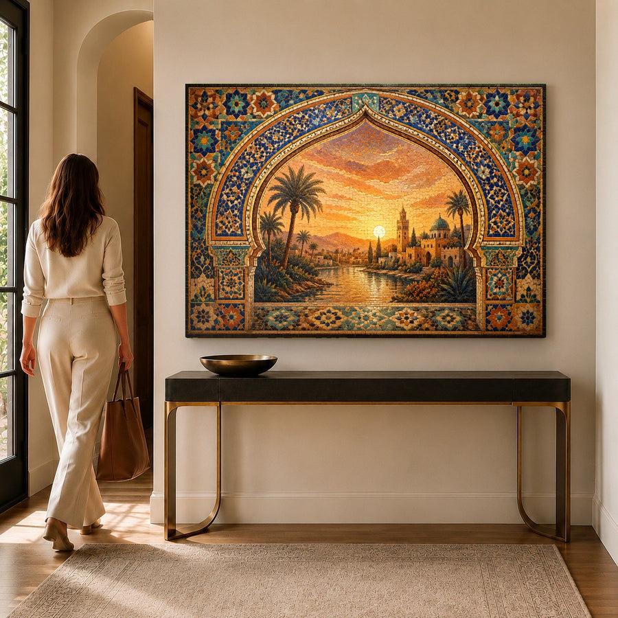 Cozy bedroom with a Sunset Oasis tempered glass print on a terracotta accent wall above the headboard.