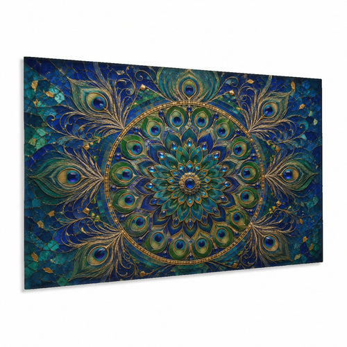 Peacock Mandala glass wall art hanging in a modern bohemian living room above a cream-colored fabric sofa.