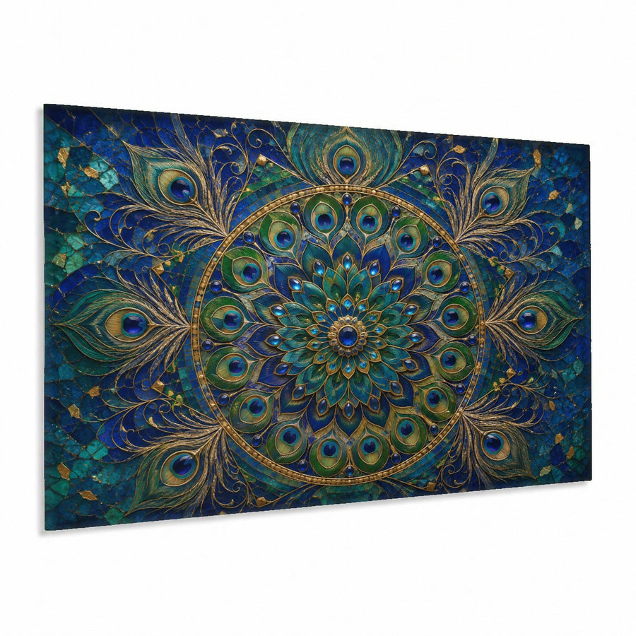 Peacock Mandala glass wall art hanging in a modern bohemian living room above a cream-colored fabric sofa.