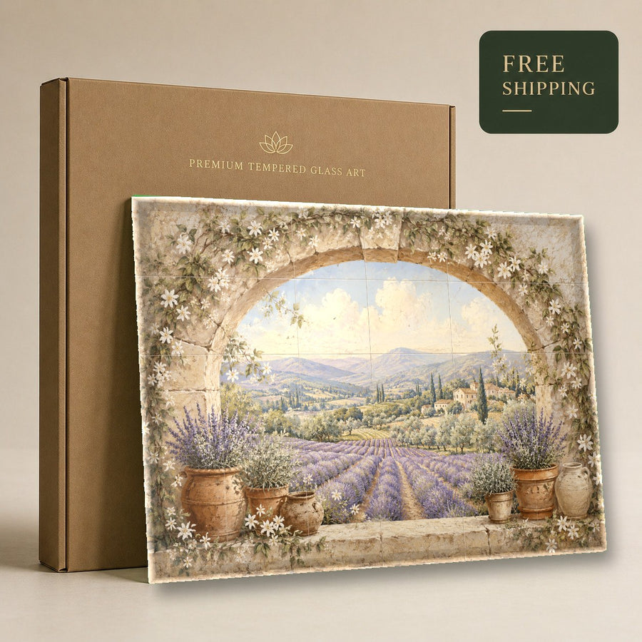 Oversized Tuscan garden glass wall art accenting a warm neutral hallway