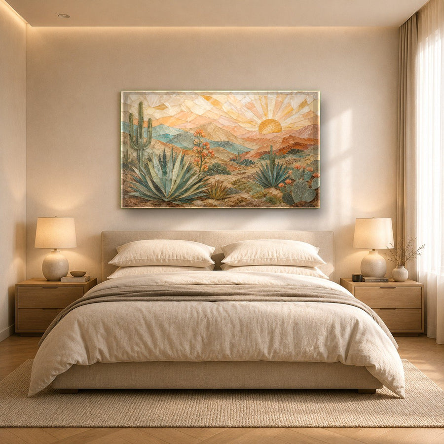 Luxury hotel lounge interior showcasing a large Western Sunrise Glass Wall Art statement piece