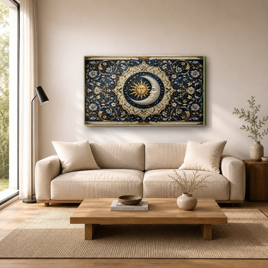 Frameless celestial glass wall decor catching natural sunlight in a contemporary hotel suite entryway.