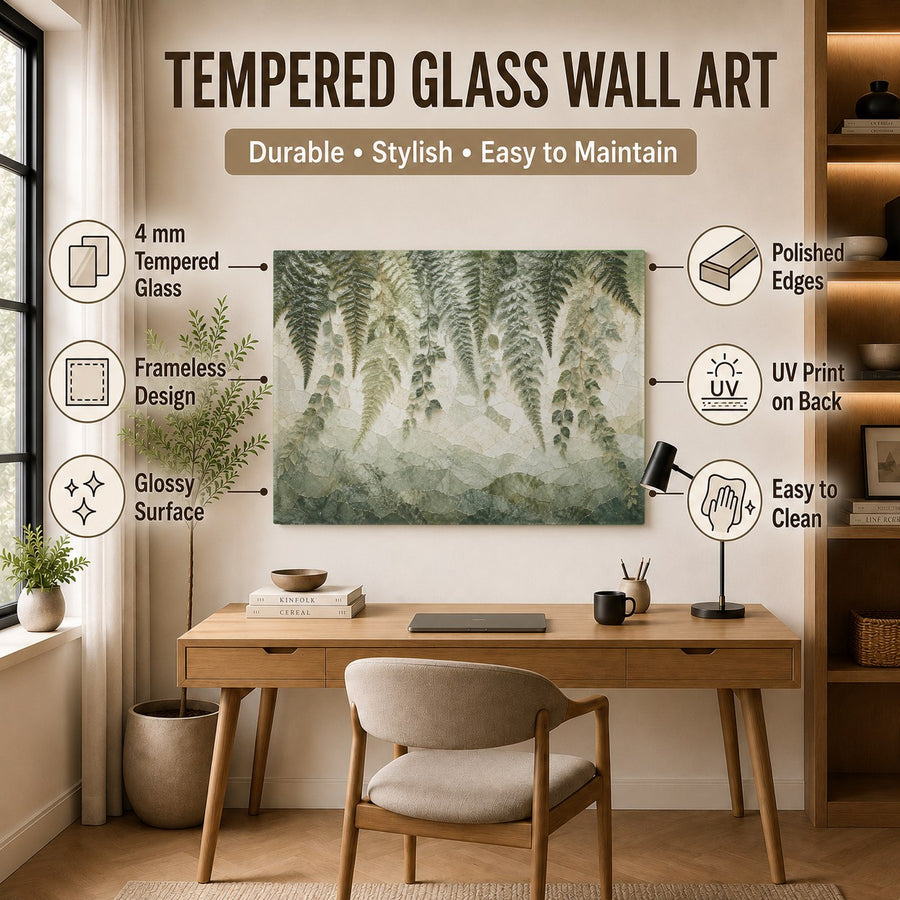 Vibrant northern lights landscape art on glass hanging in a luxury hotel lobby with modern leather armchairs.
