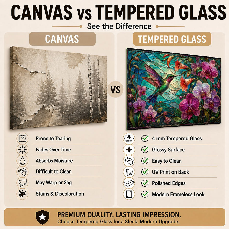 Angled view of the frameless Orchid Hummingbird glass wall art highlighting its sleek, modern float mount.