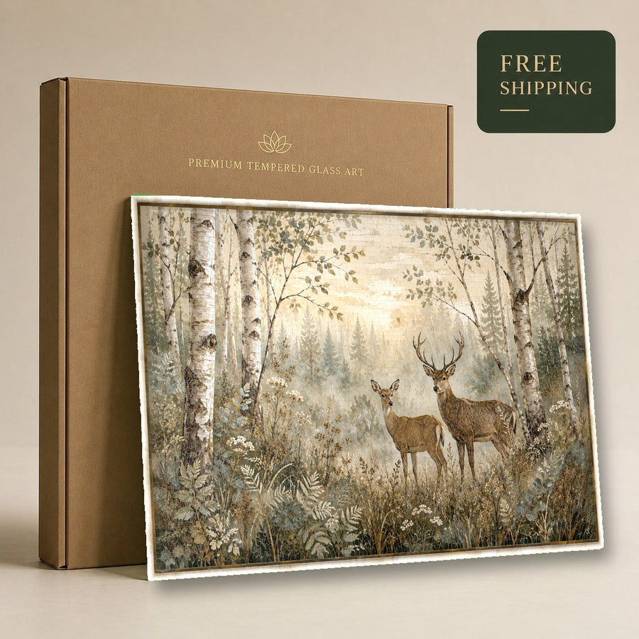 Stunning deer family wall art styled above a stone fireplace in a rustic lodge