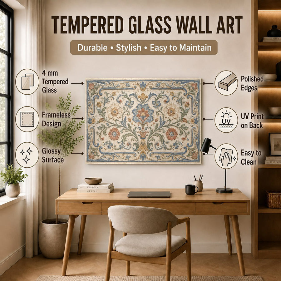 Large blue tile glass wall art in a sophisticated hotel lobby interior