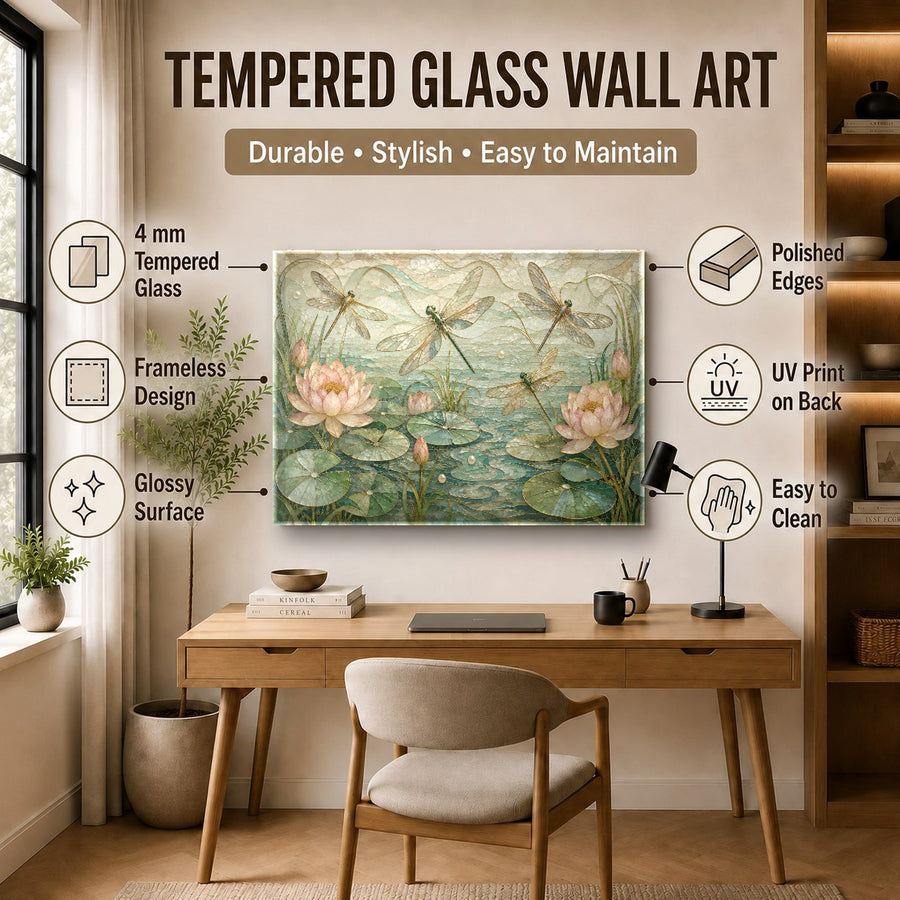 Modern hotel lobby featuring a series of nature-inspired dragonfly tempered glass prints on a wood paneled wall.