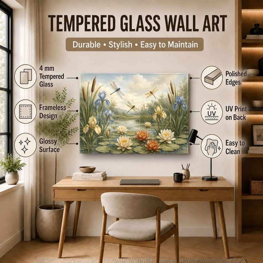 Tempered glass dragonfly wall art styled in a cozy bohemian reading nook