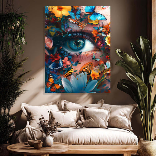 Artistic depiction of a eye surrounded by colorful butterflies and flowers on a white background