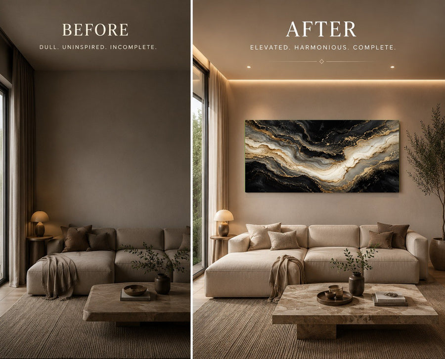 Luxury abstract gold and marble artwork displayed on a dark accent wall in an upscale executive office.