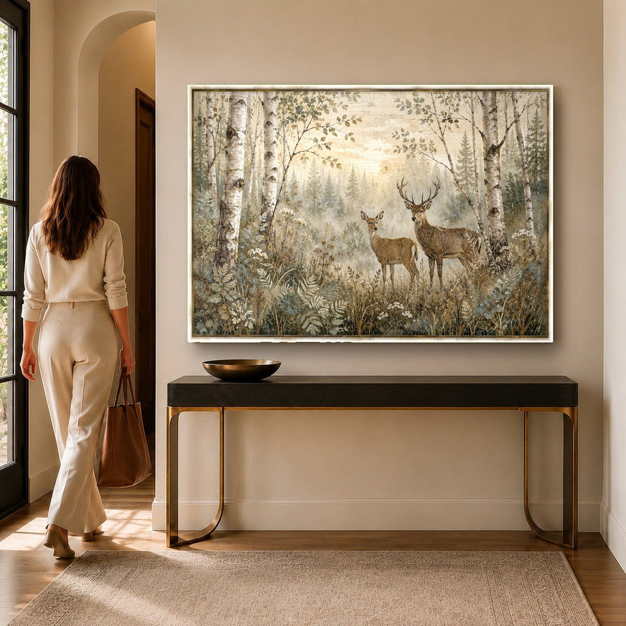 Wildlife tempered glass print mounted on a neutral bedroom wall above a headboard