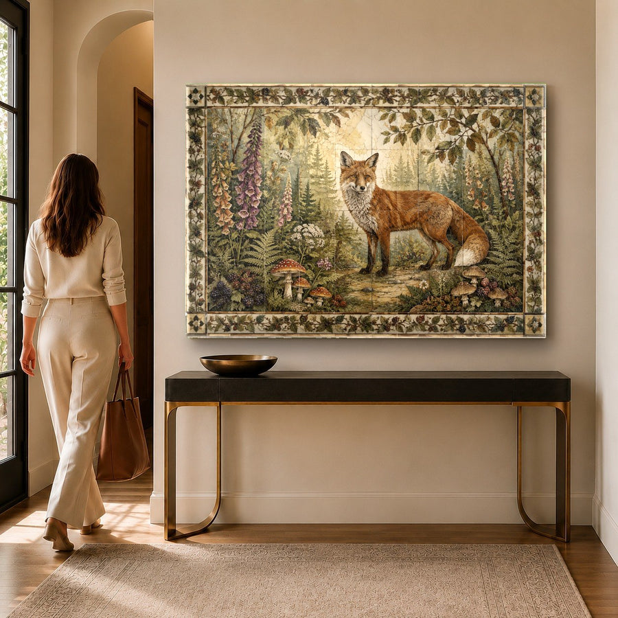 Close-up of the Fox Forest tempered glass print showcasing the vibrant orange and green colors in a home office.