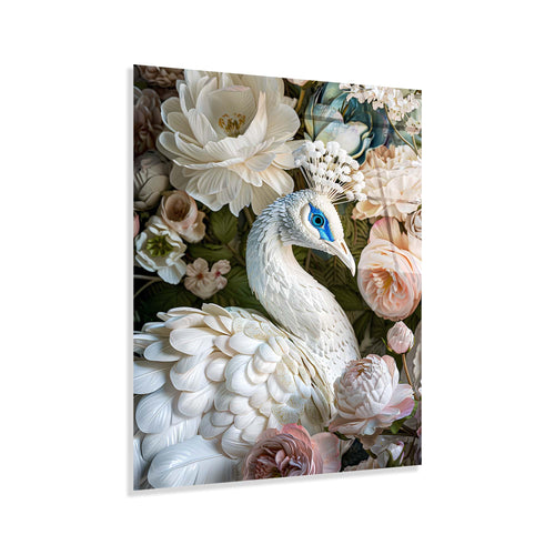 White peacock surrounded by flowers on a white background