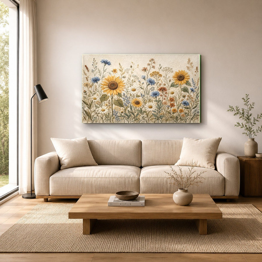 Botanical glass wall art styled above a wooden sideboard in a rustic country kitchen