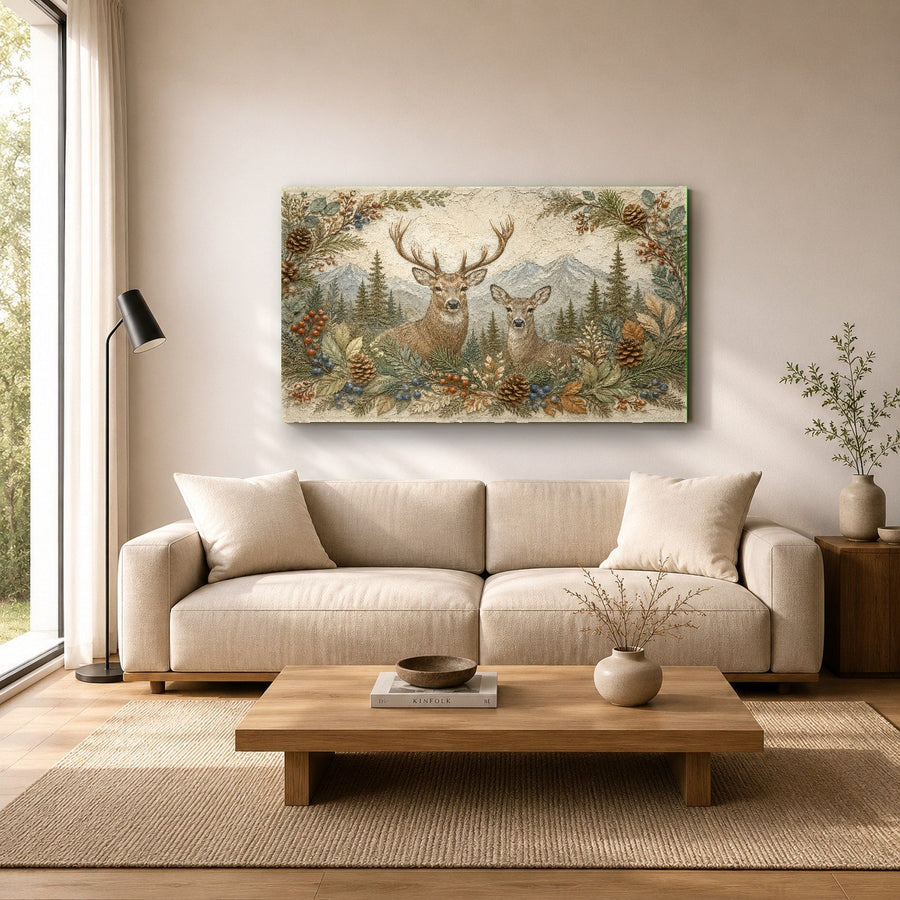 Modern office reception area decorated with a large Deer Family glass print, creating a serene ambiance.