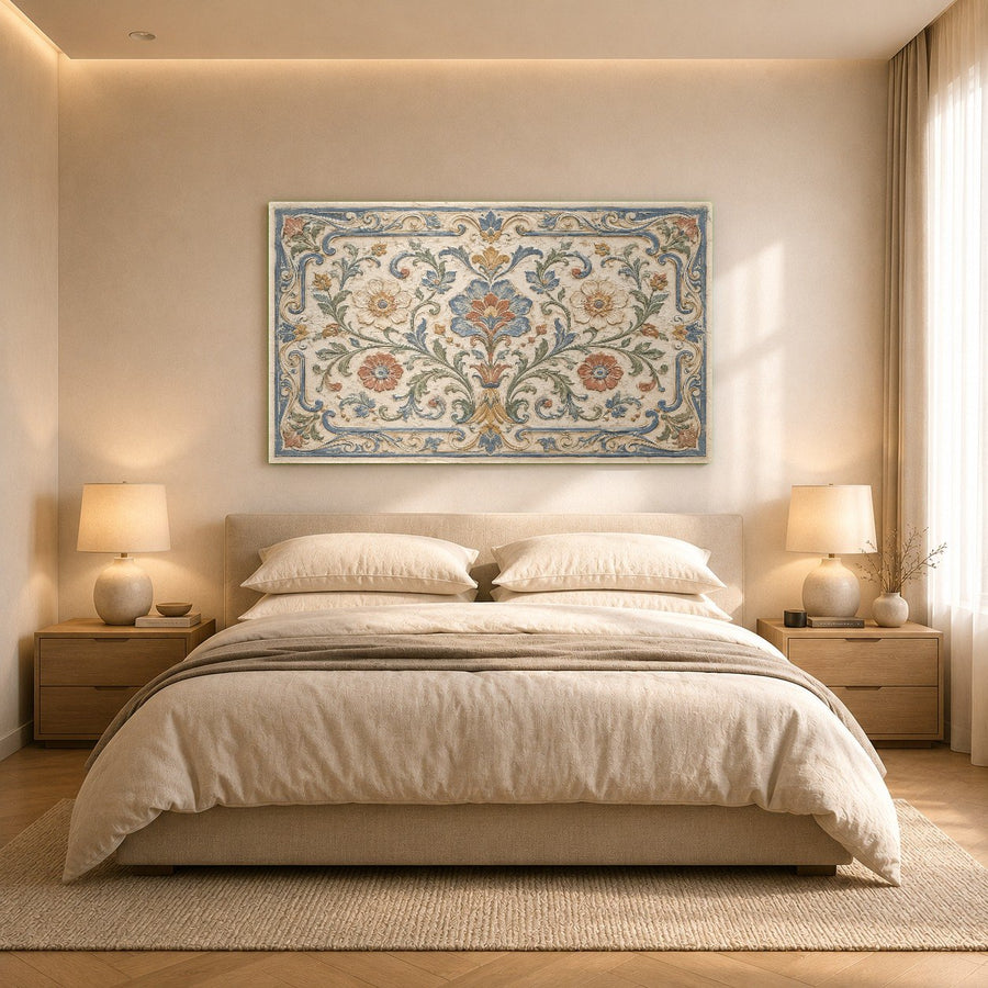 Blue and white tile look glass wall hanging in a bright master bedroom