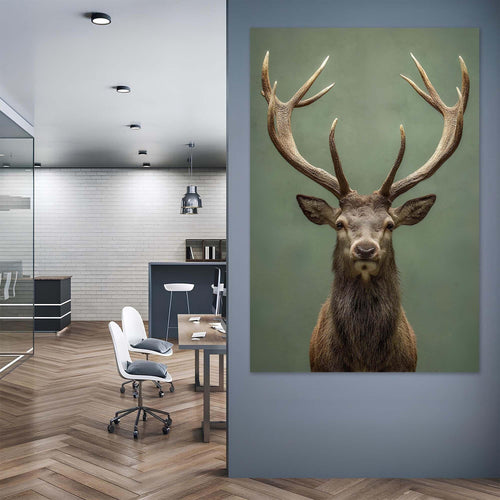 Stag with large antlers against a green background