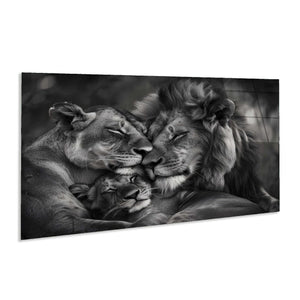 Lion Family Bond Tempered Glass Wall Art | Custom Large Glass Wall Art for Living Room