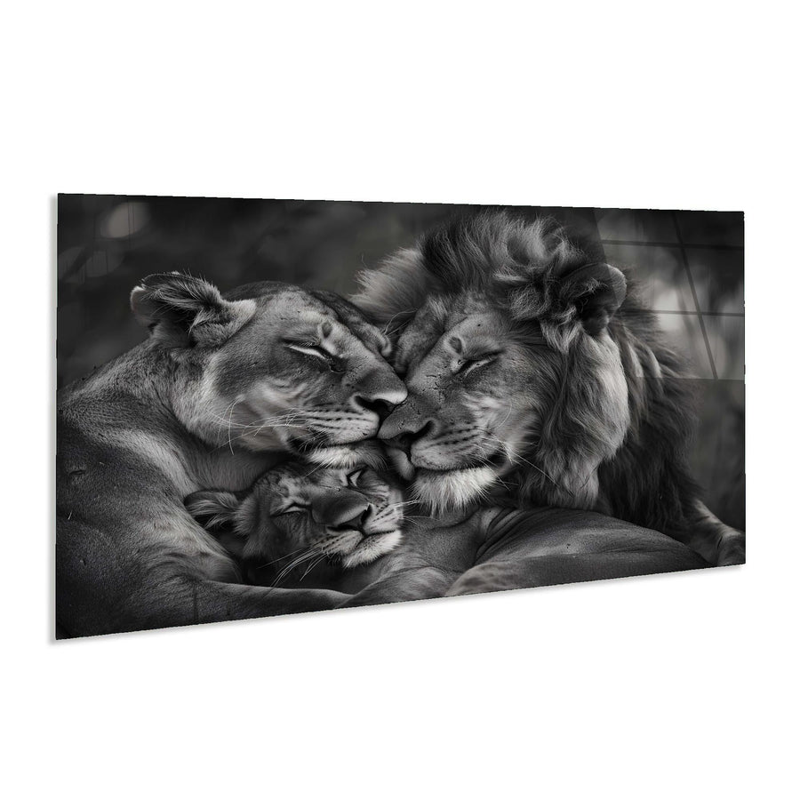Black and white photo of a lion family with a lioness, male, and cub.