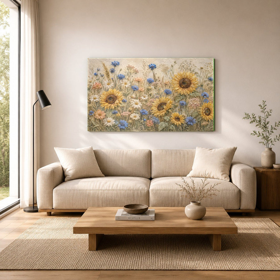 Close-up angle shot of high-gloss sunflower glass wall art reflecting soft interior lighting