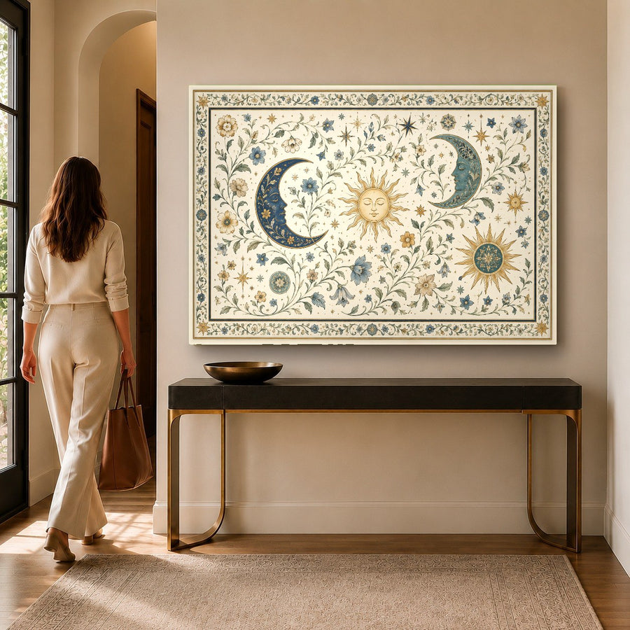 Mystical moon phase tempered glass print displayed in a serene meditation room