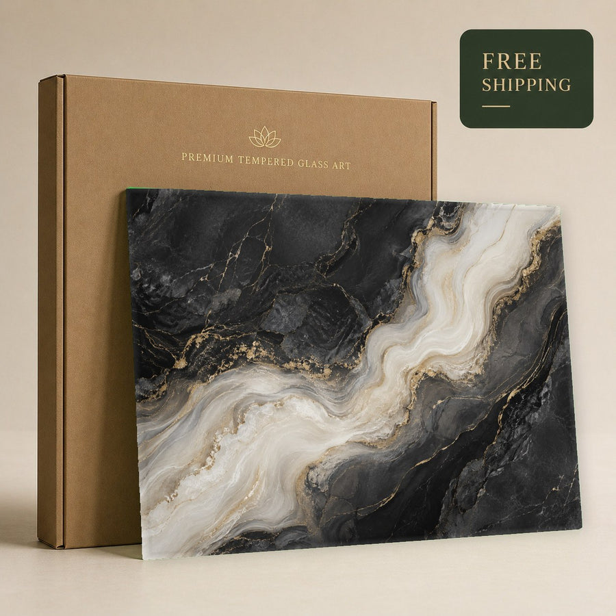 A serene spa reception area decorated with the calming swirls of Marble Smoke glass art.