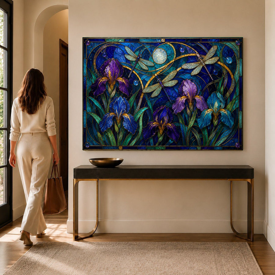 A close-up of the purple floral glass print showcasing its high-gloss finish in a luxury bedroom.