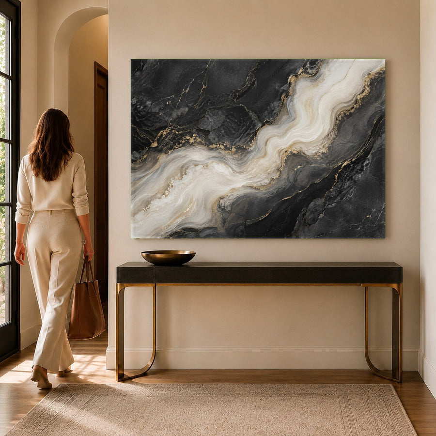 Close-up of Marble Smoke tempered glass print showcasing the high-gloss finish in a sunlit bedroom.