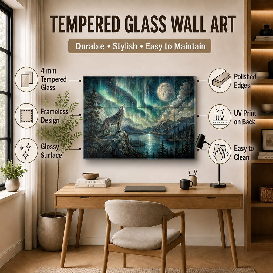 Animal glass wall art mounted on a dark accent wall in a stylish modern apartment