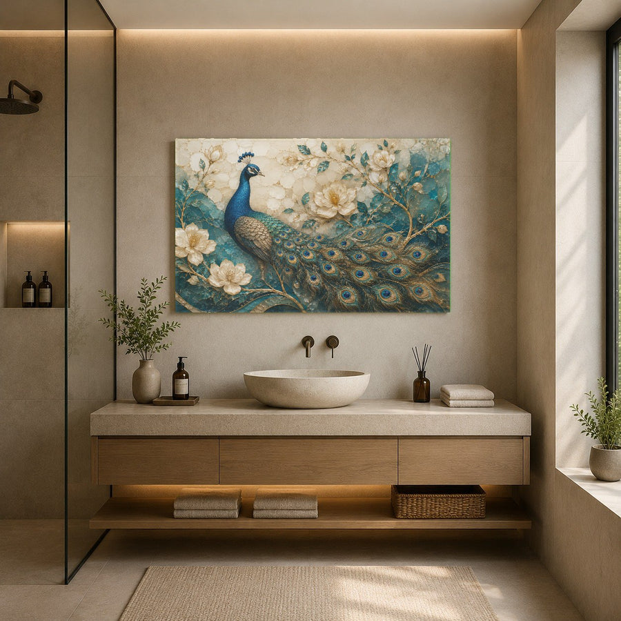 Peacock Elegance tempered glass print catching the light in a brightly lit hallway gallery wall.