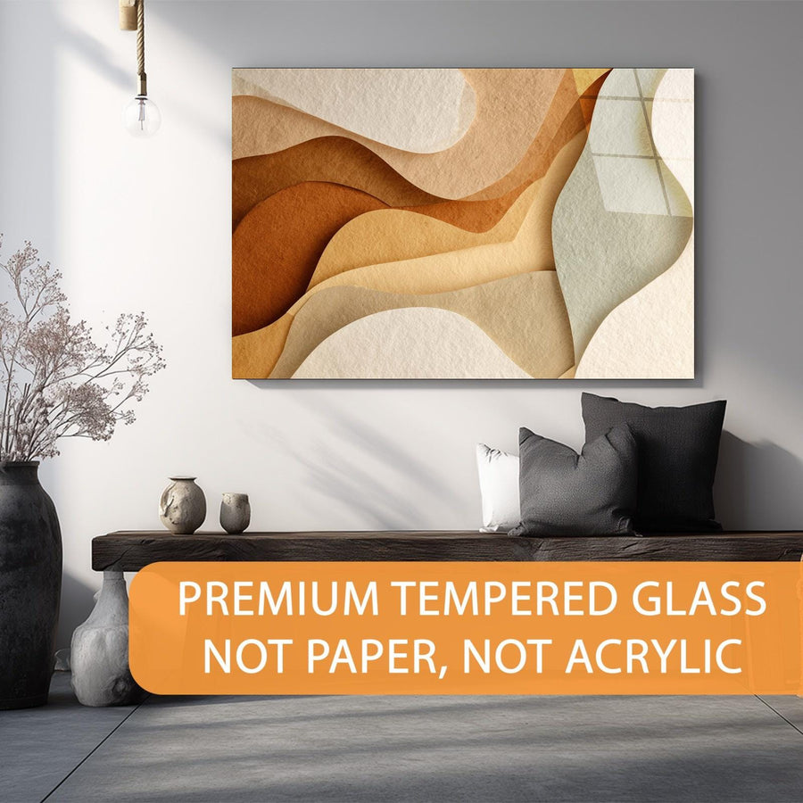 Abstract wall art in a modern living room with text about premium tempered glass.