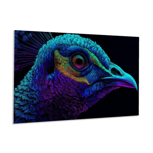 Close-up of a colorful peacock head with vibrant blue, green, and purple hues on a black background.