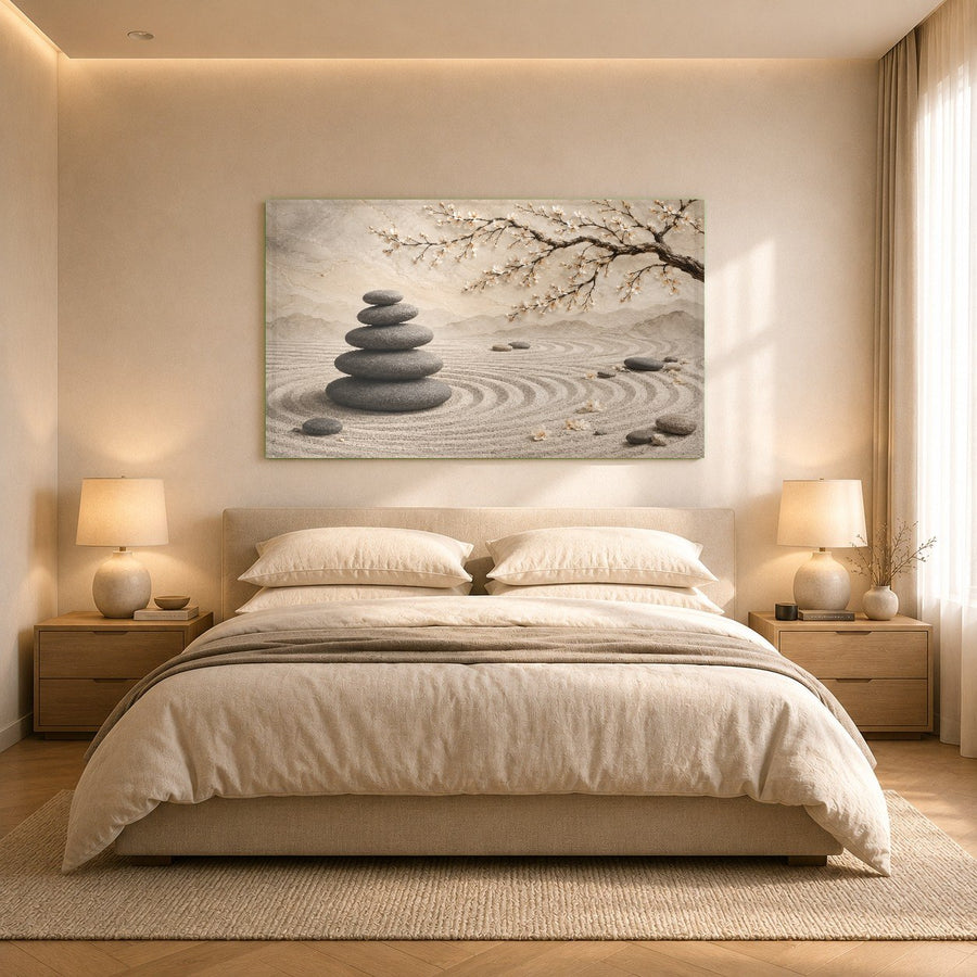 Side angle view of the Zen Blossom glass artwork showing the sleek aluminum alloy float hanger.