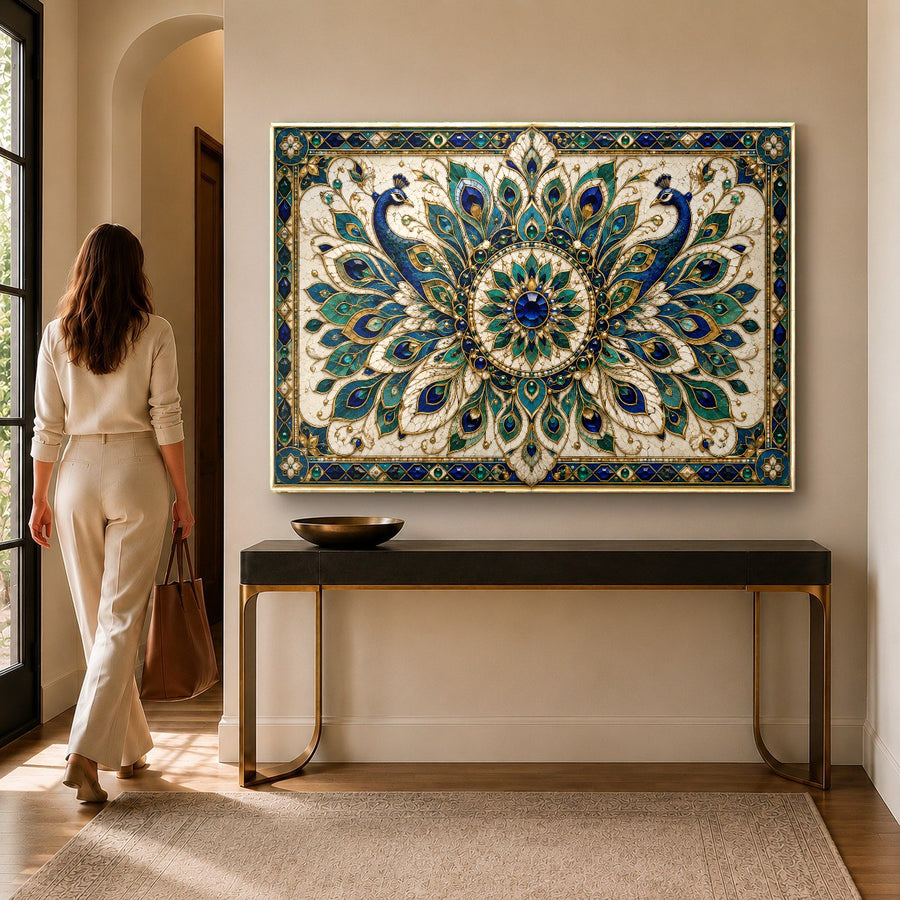 Spiritual mandala tempered glass print displayed in a serene meditation room